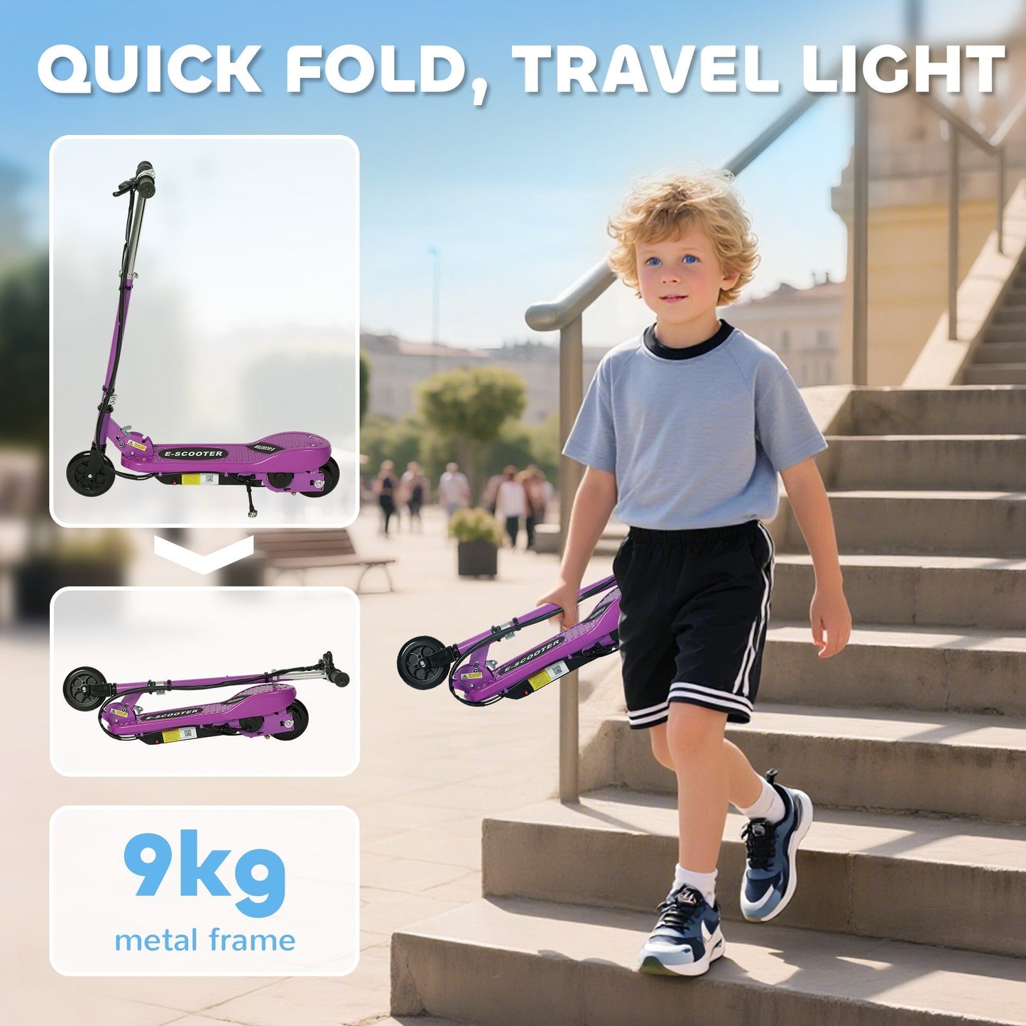 HOMCOM Foldable Electric Kids Scooter, Ride-on for Ages 7-14 Years, Purple