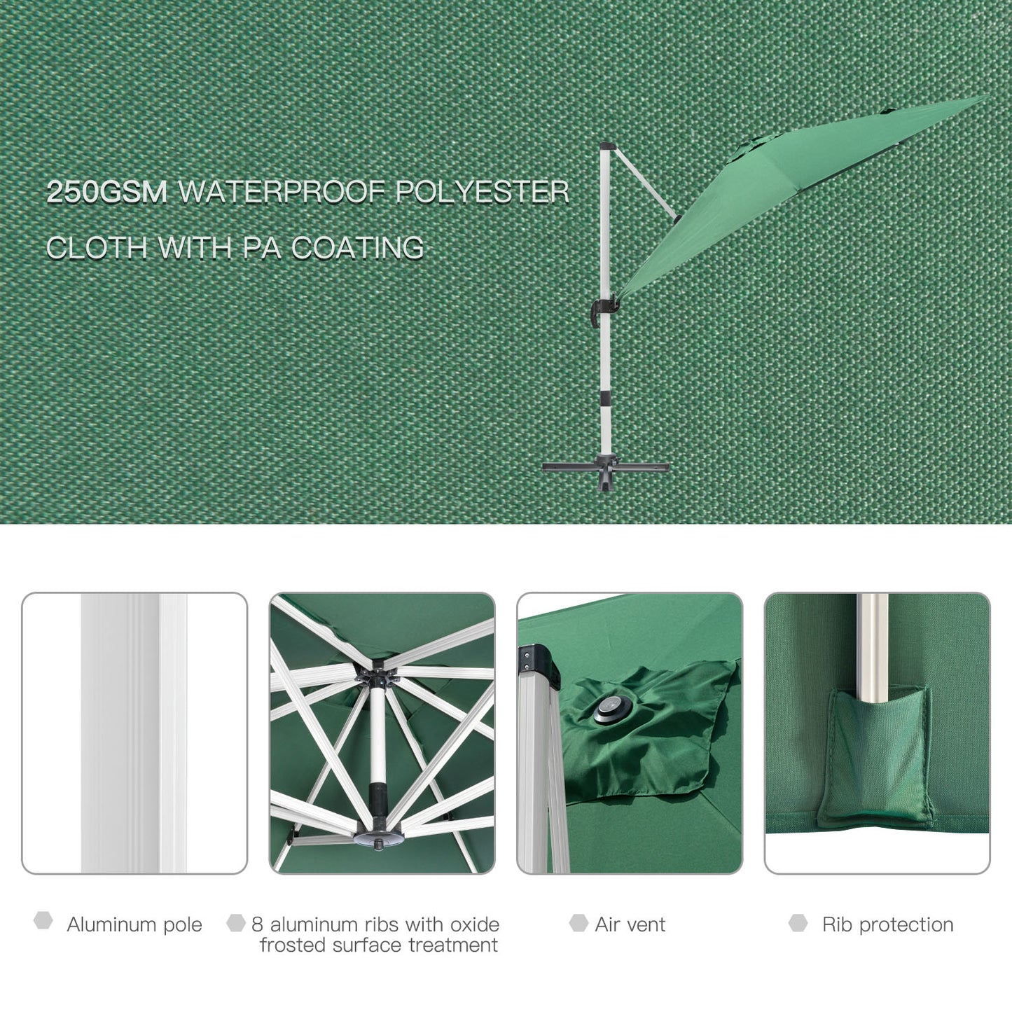 Outsunny 3 x 3(m) Cantilever Roma Parasol, Square Garden Umbrella with Cross Base, Crank Handle, Tilt, 360° Rotation and Aluminium Frame, Green