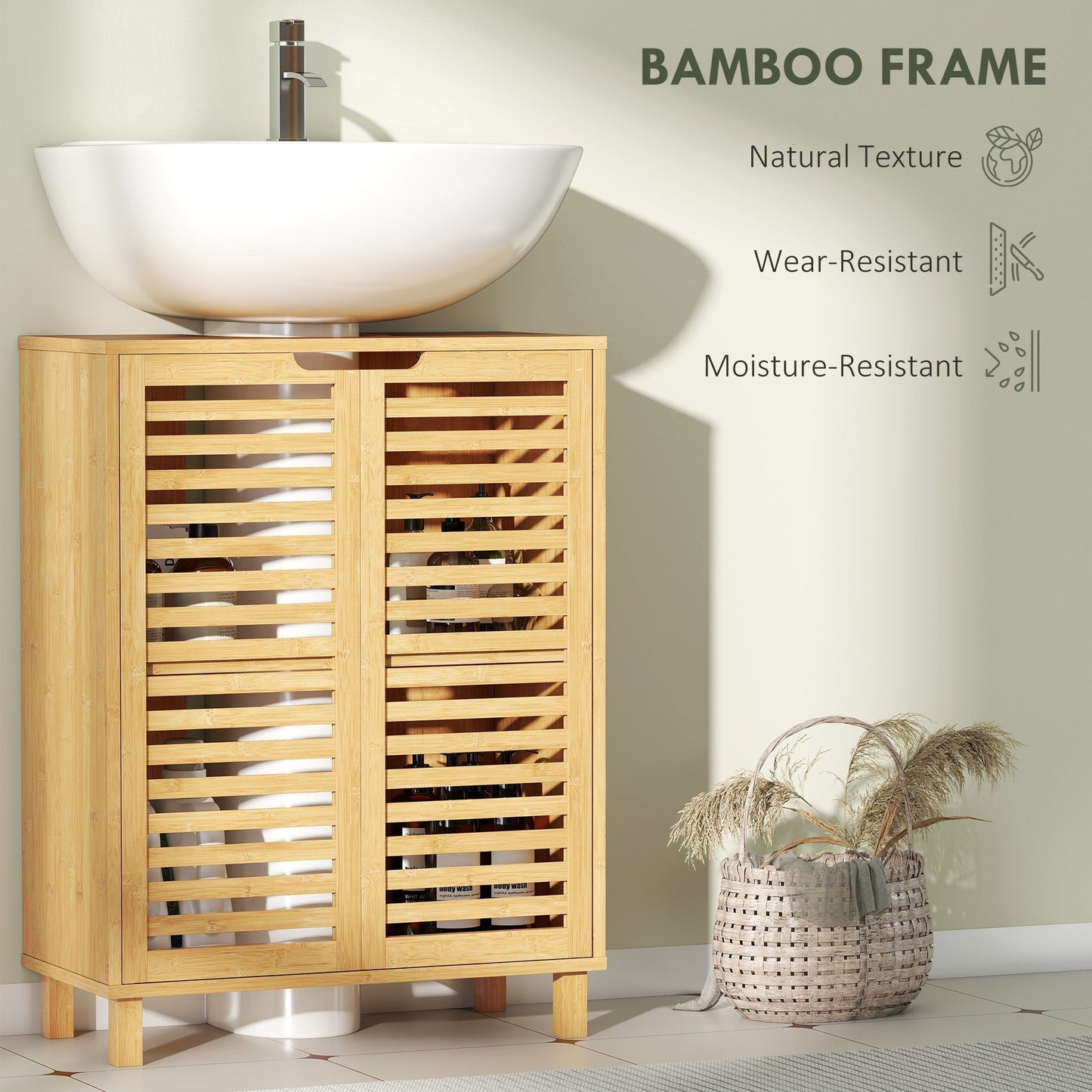 HOMCOM Under Sink Bathroom Cabinet, Freestanding Bamboo Under Sink Cabinet with Louvered Doors and Adjustable Shelf, Natural