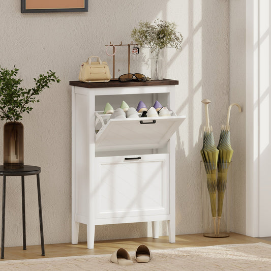 HOMCOM Shoe Cabinet with 2 Flip Drawers, Farmhouse Narrow Shoe Storage Cabinet with Adjustable Shelves, White