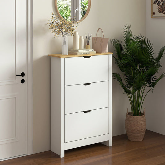 HOMCOM Slim Shoe Cabinet, Narrow Shoe Cupboard with 3 Flip Drawers, Adjustable Shelves for 18 Pairs of Shoes for Hallway, White