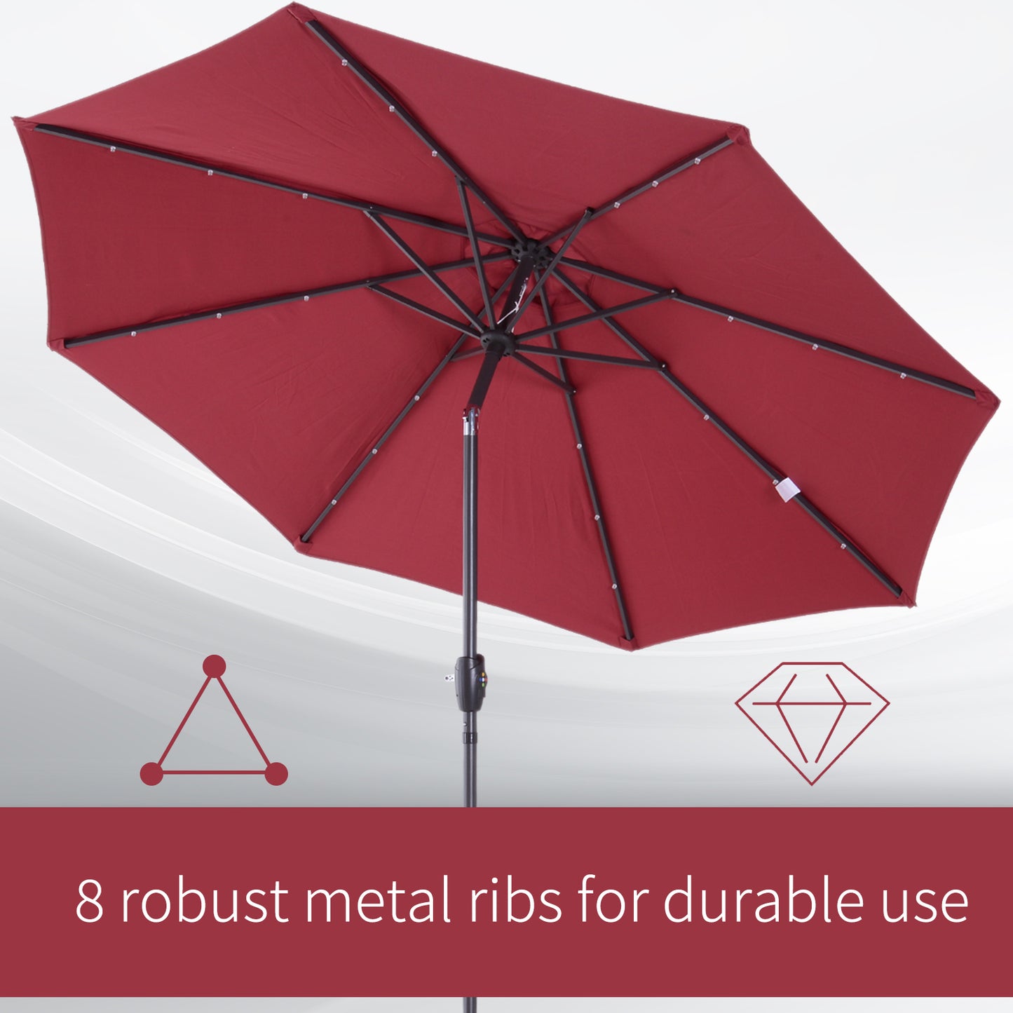 Outsunny 2.7m Garden 24 LED Light Parasol Solar Outdoor Tilt Sun Umbrella Patio Club Party Event Manual Sun Shade w/ Hand Crank and 8 Ribs, Red