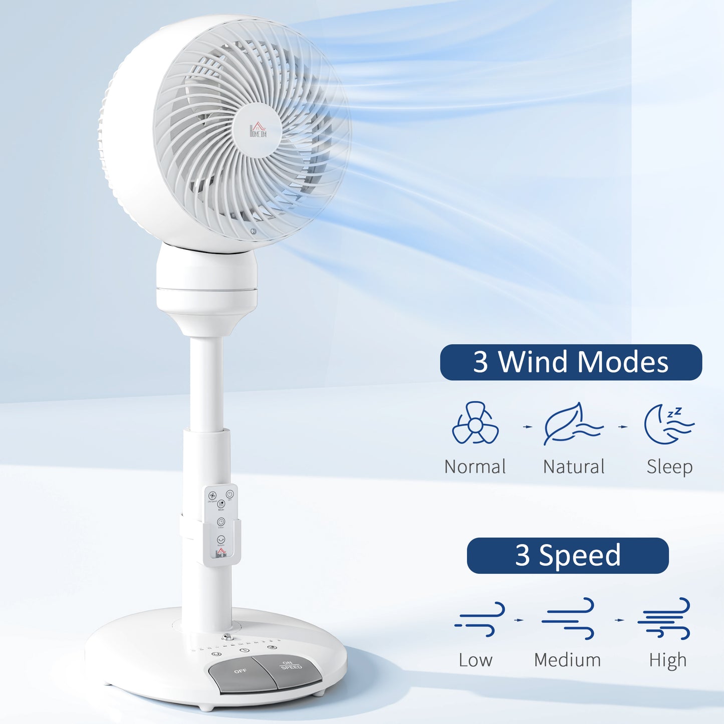 HOMCOM 9'' Air Circulator Fan 3 Speed 3 Mode, 70° Oscillation 90° Vertical Tilt, Height Adjustable, Remote Controller, for Living Room, Bedroom, Office, White