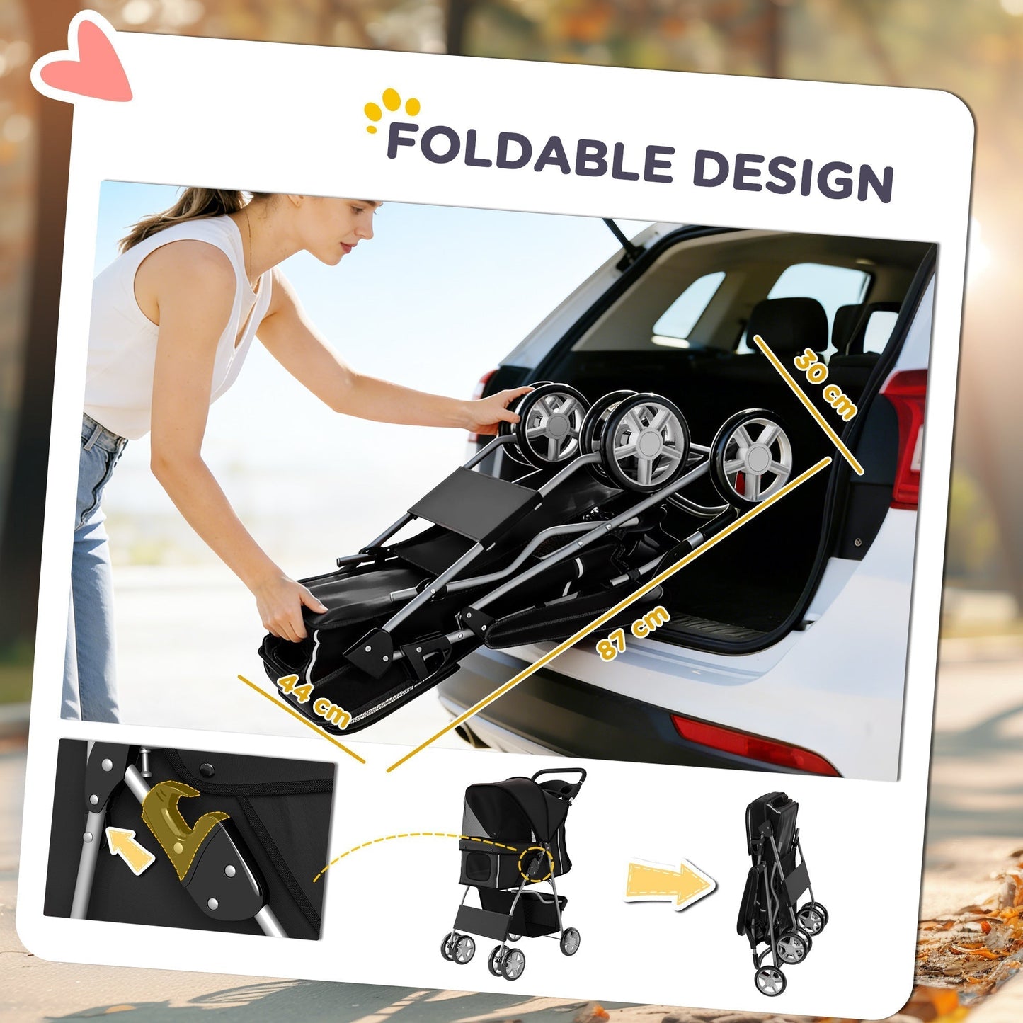 PawHut Dog Pram, Pet Stroller with Reflective Strips, Foldable Cat Stroller with 360 degrees Swivel Wheels, Black