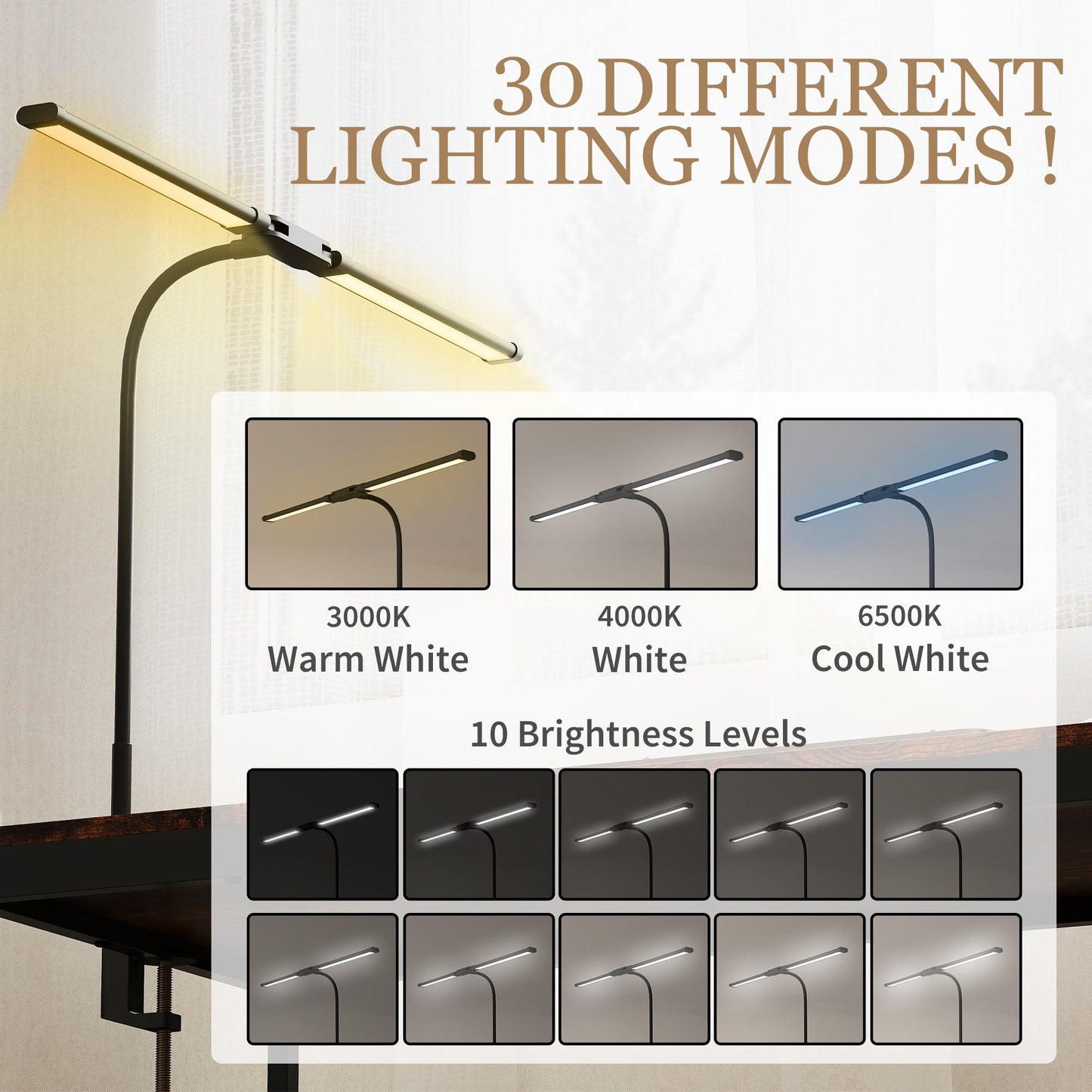 مصباح مكتب HOMCOM LED مع مشبك، مصباح طاولة برأس مزدوج مع 3 أوضاع للألوان و10 مستويات سطوع، مصباح قراءة مكتبي بذراع مرن مع مؤقت ووظيفة ذاكرة للدراسة والمكتب والعمل، أسود