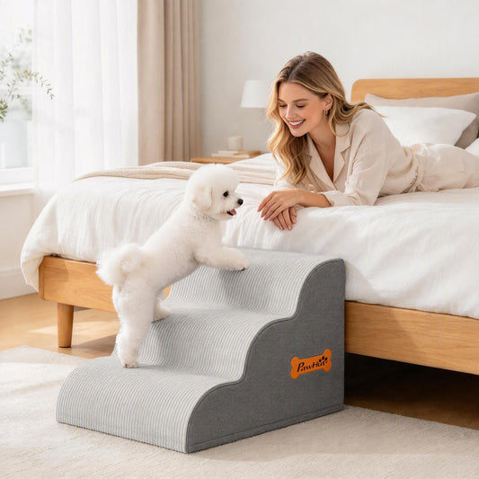 PawHut Dog Steps for Bed and Sofa, 3-Step Non-Slip Dog Stairs with Removable Washable Cover, Carry Handle, Light Grey