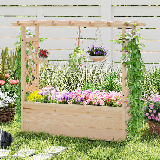 The wooden garden bed with a lattice trellis and hanging roof, filled with colourful flowers
