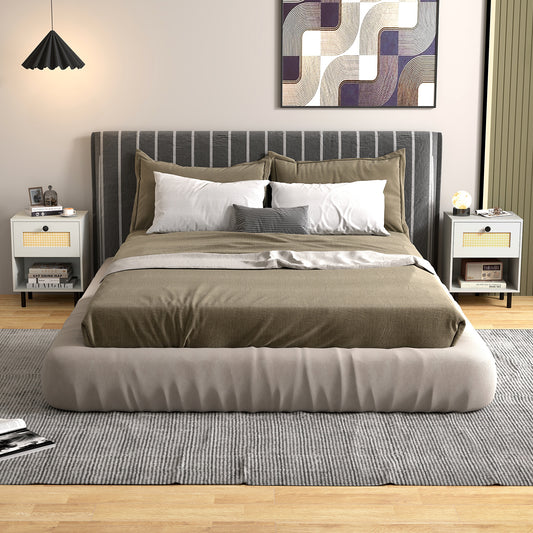 The white nightstand in a bedroom setting next to a bed