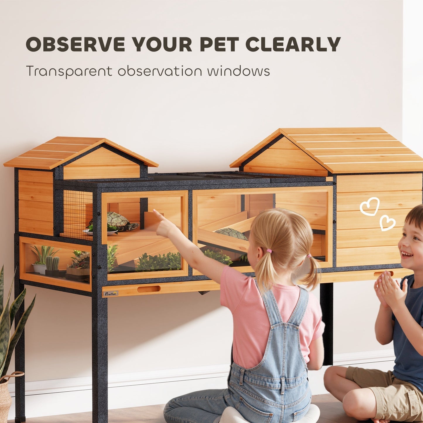 PawHut Wooden Tortoise House with Stand Legs, Clear Observation Windows, Ramps, Openable Top, Built-in Tray, Yellow