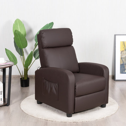 Coffee brown faux leather recliner armchair with side pocket, placed on a rug in a room
