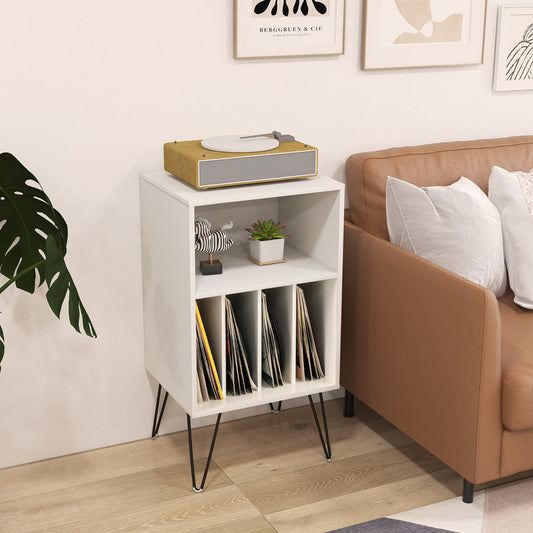 This white vinyl record storage table is shown in a living room setting next to a sofa