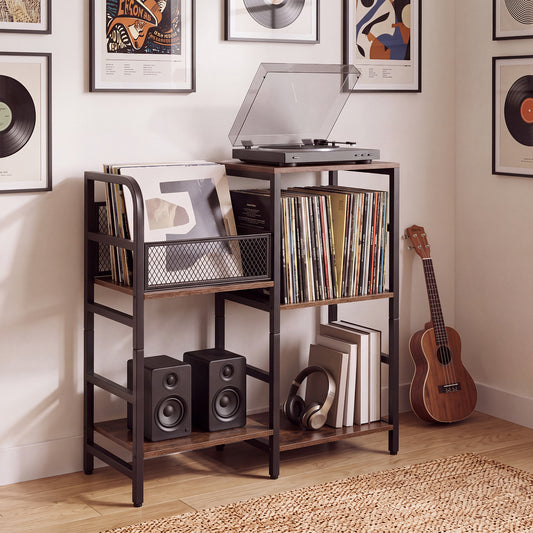 The record player stand in a room with a turntable, speakers and vinyl records