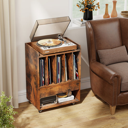 The record storage unit is shown in a living room next to a brown armchair, holding vinyl records