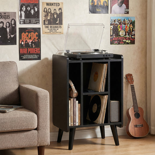 The black record player stand is shown in a room with a turntable on top and records on shelves