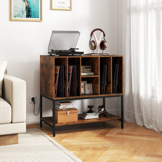 The record player stand with charging station in a living room setting, holding records and a record player