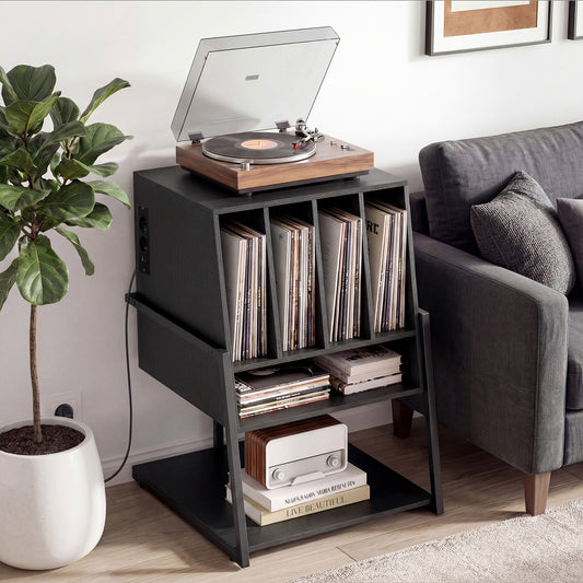 The record player stand is shown in a living room setting next to a sofa