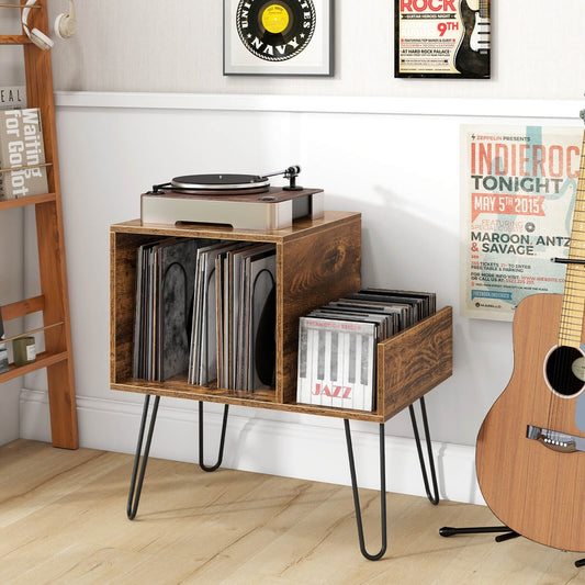 The record player stand in a room with a record player on top and vinyl records inside
