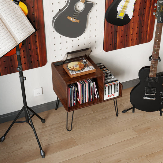 The side table placed in a music room with guitars on the wall and a music stand nearby