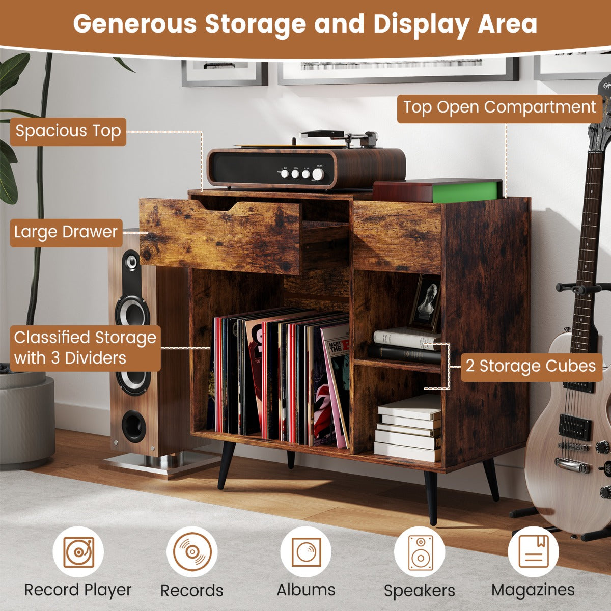 Record Player Stand with Built-In Power Strip and 3 Dividers-Rustic Brown