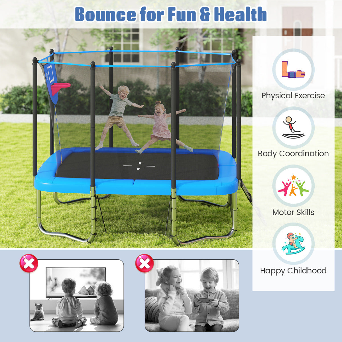Trampoline bouncing promotes physical exercise and happy childhood