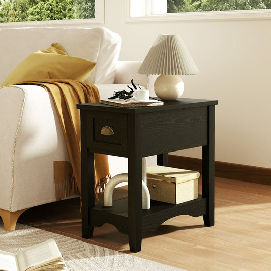 The black rectangular nightstand with a drawer and shelf, shown from the front
