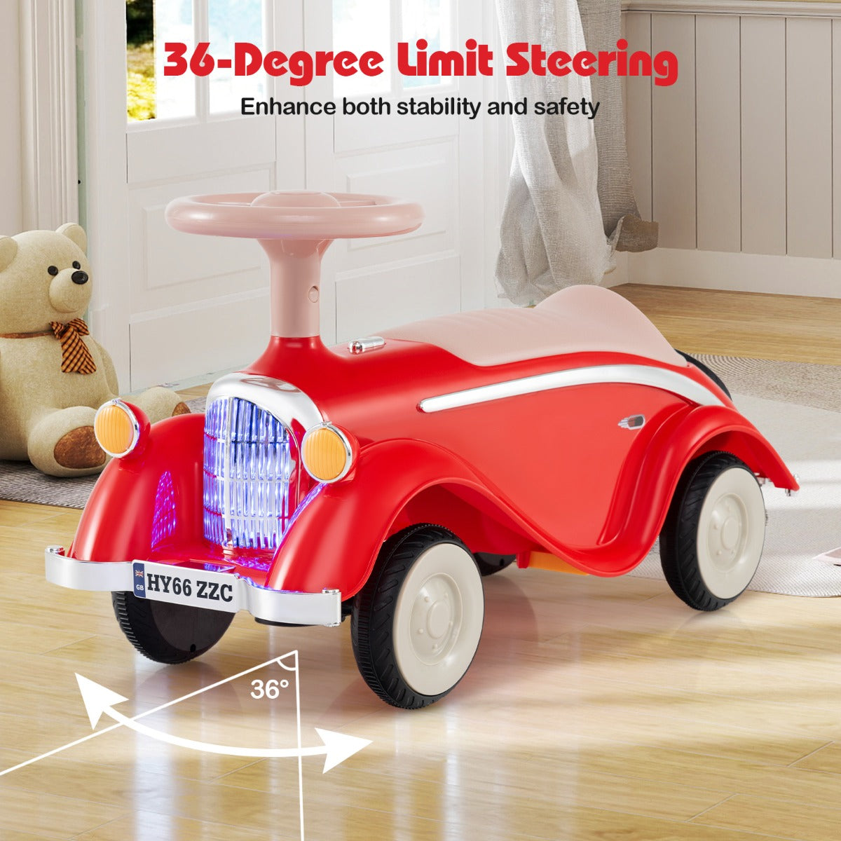 The ride on toy showing the limited steering angle for stability in a room