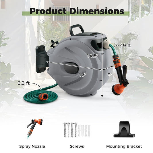 The grey garden hose reel with spray nozzle, screws and mounting bracket shown with dimensions