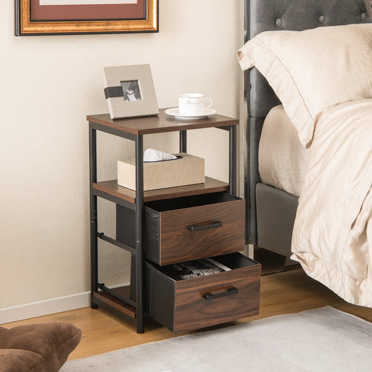 Two drawer bedside table with one drawer open, showing contents