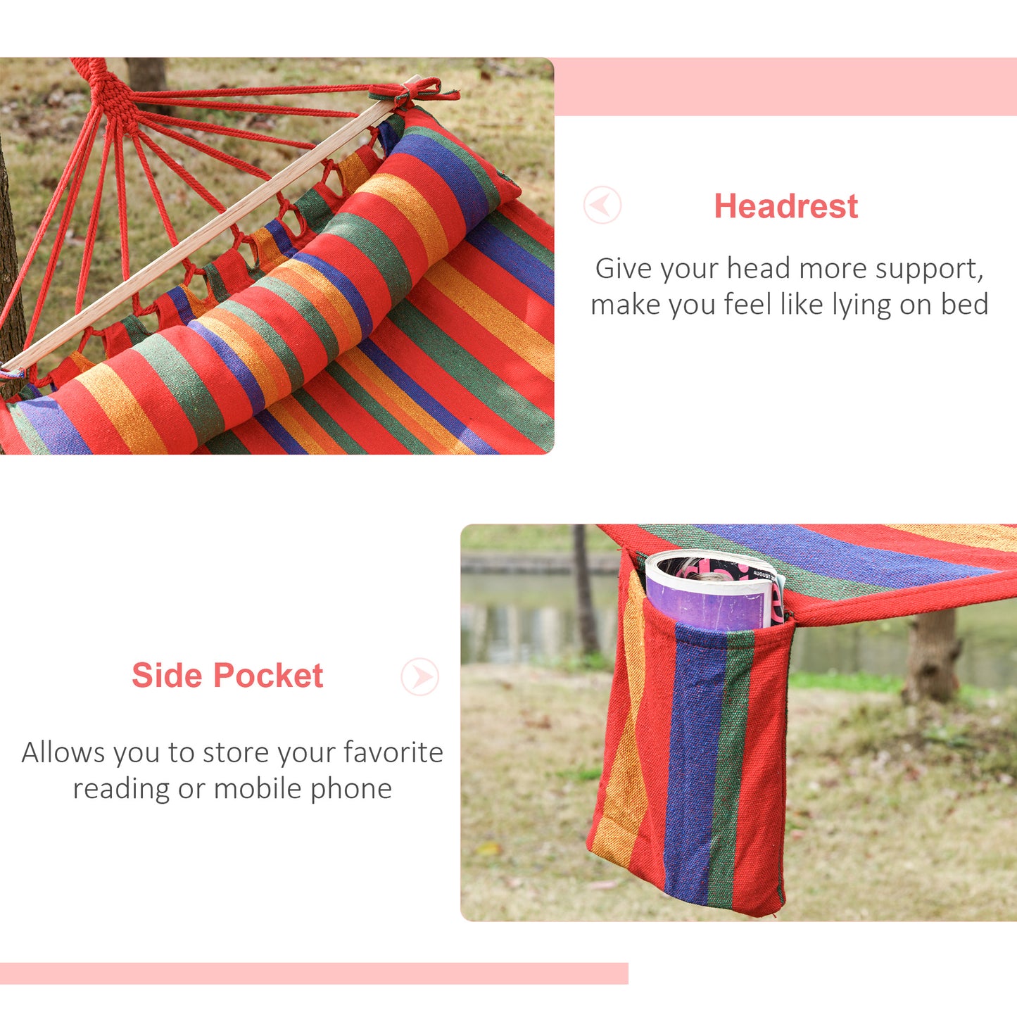 Outsunny Cotton Hammock Soft Portable Swing Sleeping w/ Headrest & Side Pocket Deluxe Swing Chair for Beach, Yard, Bedroom, Patio, Porch, Indoor, Outdoor,270 x 80 cm