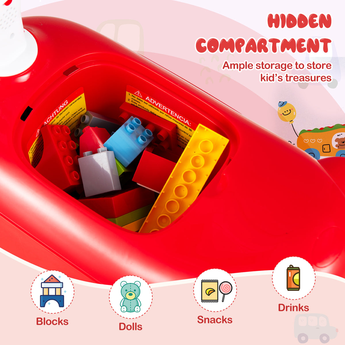 Open storage compartment of the red and white push car toy filled with blocks