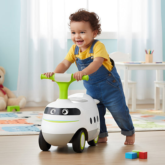 A happy toddler pushing the ride on push car along a wooden floor indoors