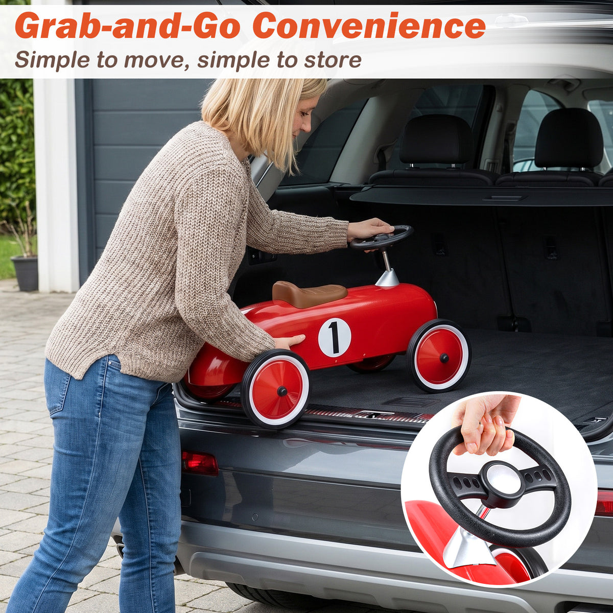 The riding toy being lifted into the boot of a car by an adult with a close-up of the handle