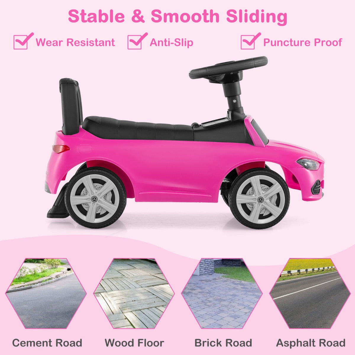 Pink push & pedal ride on toy shown on different road surfaces