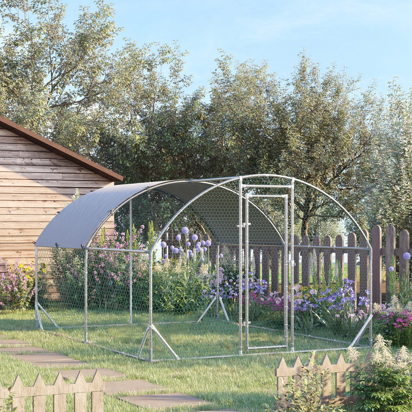 حظيرة دجاج مجلفنة من PawHut Walk In Chicken Run، قفص دواجن، حظيرة لعب للحيوانات الأليفة، حديقة مع غطاء مقاوم للماء، 2.8 × 3.8 × 2 متر