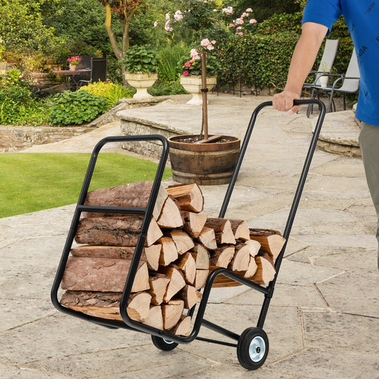 Rolling Fireplace Log Holder Carrier, the log storage trolley loaded with firewood being moved across a patio