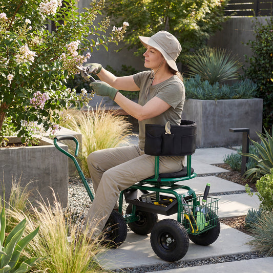 The garden seat with wheels is used by a woman pruning a bush