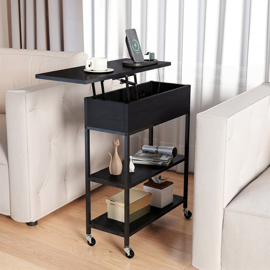The end table placed between two sofas with the top lifted and items on the shelves