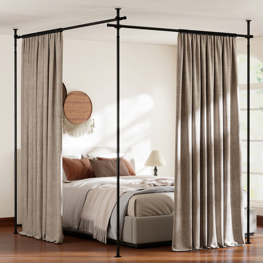 The room divider curtain rod creating a canopy effect over a bed with neutral drapes