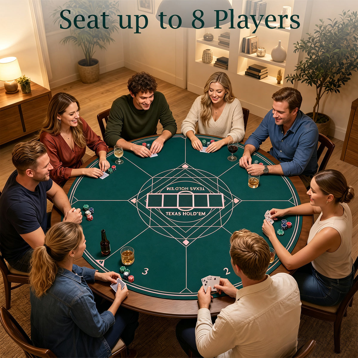 The game room poker mat being used by eight players during a lively game of cards