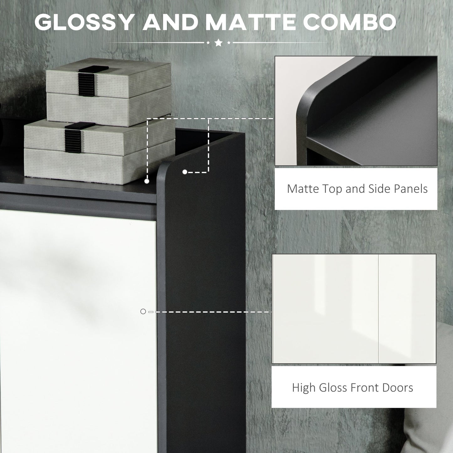 خزانة أحذية عالية اللمعان من HOMCOM بأبواب بيضاء ورفوف مفتوحة، منظم تخزين خزانة أحذية للممر يتسع لـ 19 زوجًا من الأحذية، رمادي