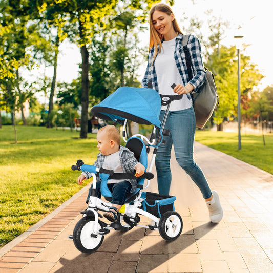 دراجة هوائية ثلاثية 6 في 1 للأطفال من HOMCOM مع مقبض دفع، مظلة، حزام أمان بخمس نقاط، مساحة تخزين، مسند قدم، مكابح، للأطفال بعمر 1-5 سنوات، أزرق