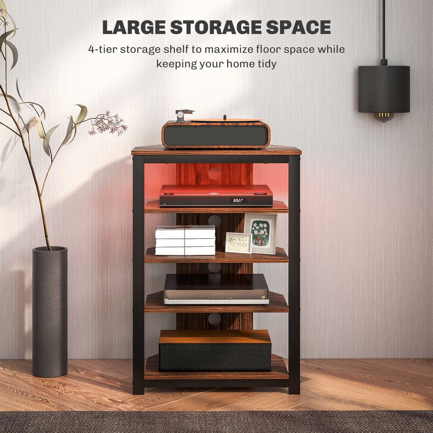 HOMCOM 4-Tier Corner TV Stand with Storage, LED Lights, Cable Management, Small TV Unit Entertainment Centre for TVs up to 29", for Living Room, Bedroom