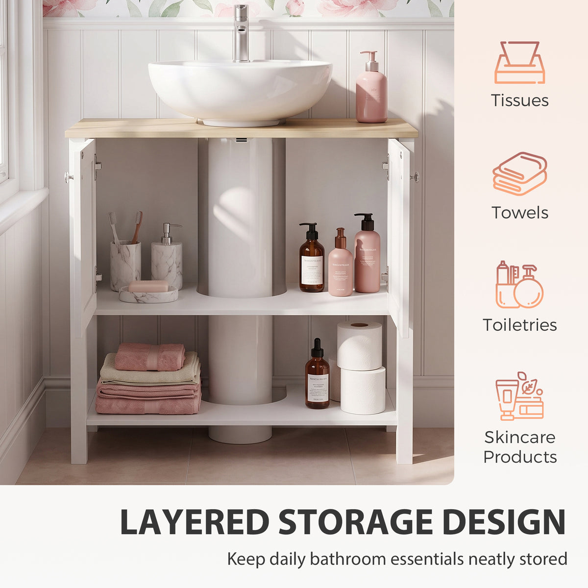 HOMCOM Under Sink Bathroom Cabinet with 2 Doors in White