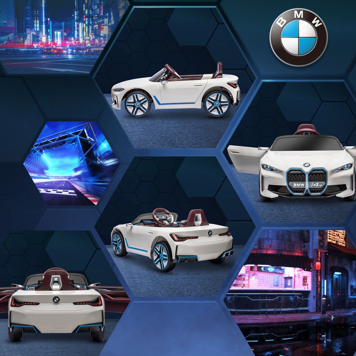 HOMCOM BMW i4 Licensed 12V Kids Electric Ride-On Car, White, Red and Light Blue