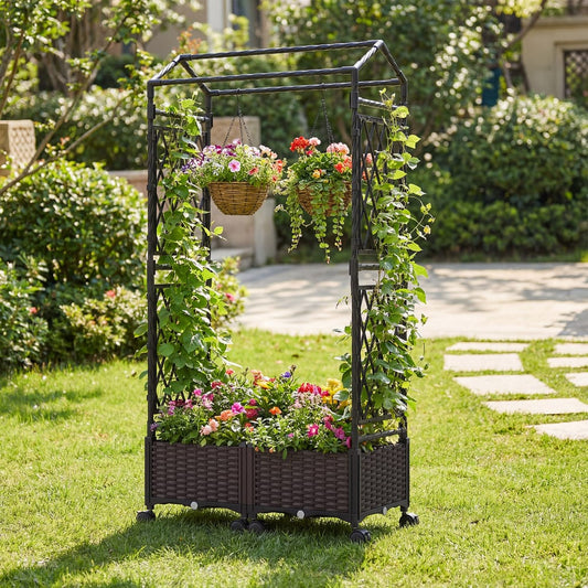 Brown raised garden beds with trellis and hanging baskets in a garden