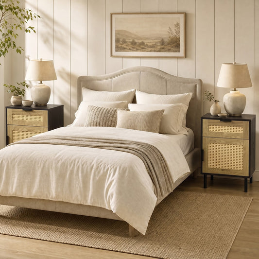 Two black bedside tables with rattan detail in a bedroom setting