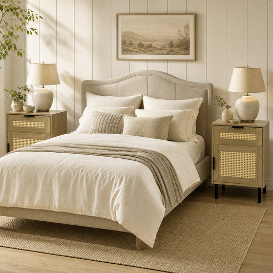 Set of 2 Bedside Table, the nightstands placed on either side of a bed in a bright neutral bedroom setting