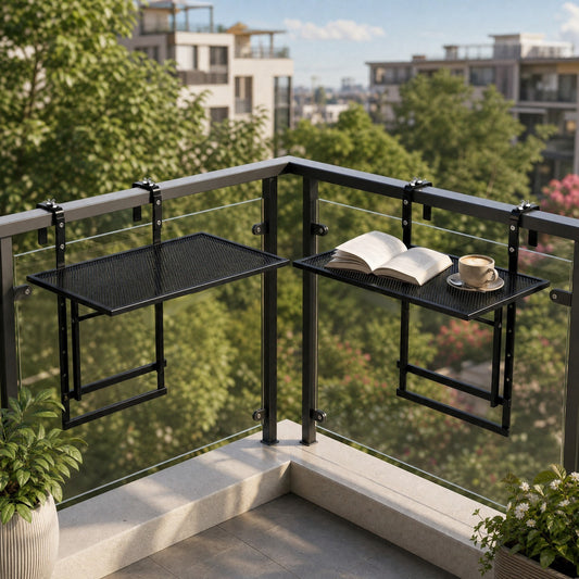 Two black metal balcony tables attached to a railing with a book and coffee cup on one