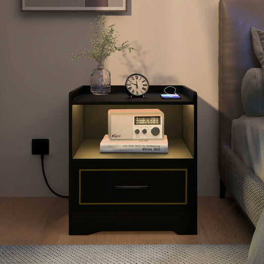 The black nightstand with a drawer and open shelf, illuminated from within