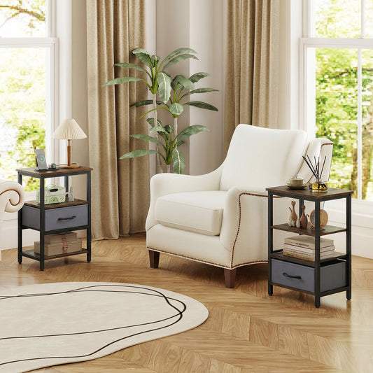 The nightstands placed on either side of a cream armchair in a bright living room